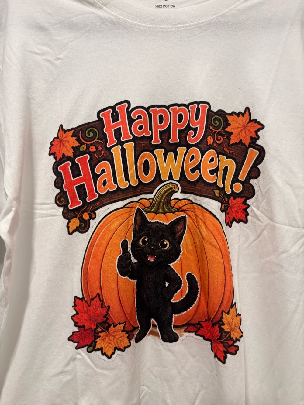 Happy Halloween! Kids White T-Shirt with Black Cat and Orange Pumpkin
